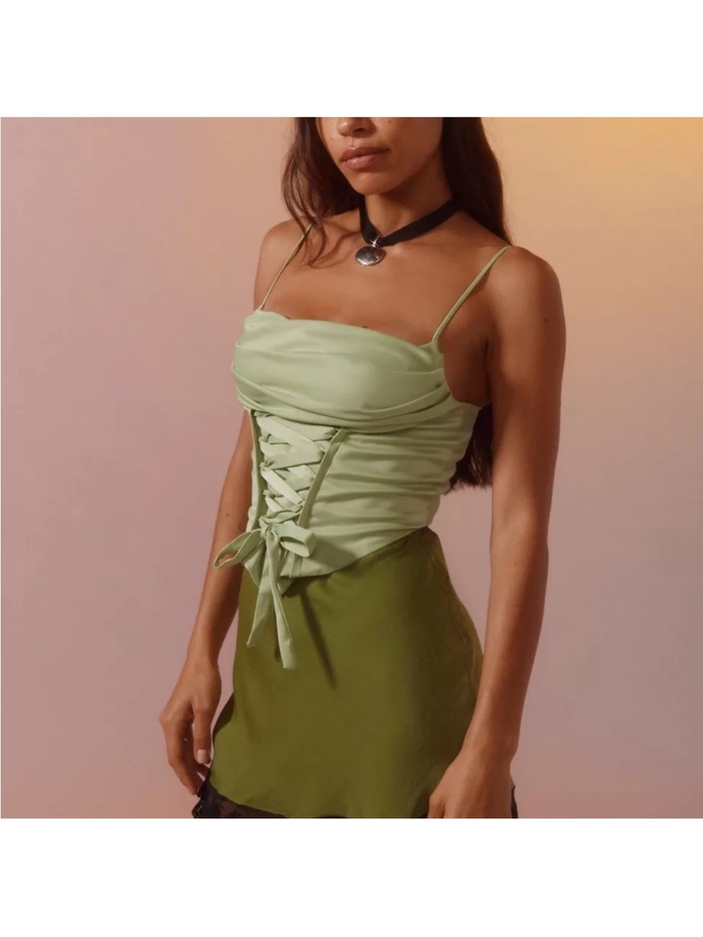 Silence + Noise Mimi Cowl Neck Corset Lace Up Top Lime Green Size XS